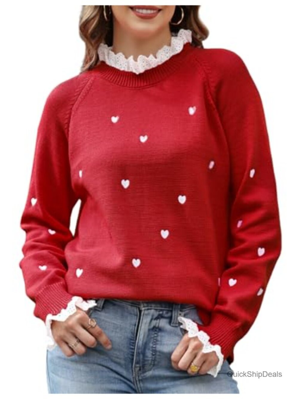 Heart Embroidered Lace Trim Knit Pullover Sweater